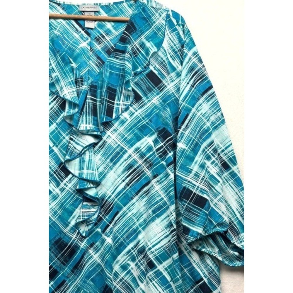 Catherines Blouse Womens 5X 34 36W Abstract Plaid Ruffle V Neck